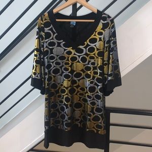 Clara SunWoo black silver gold metallic circle mini tunic dress bell sleeves XS